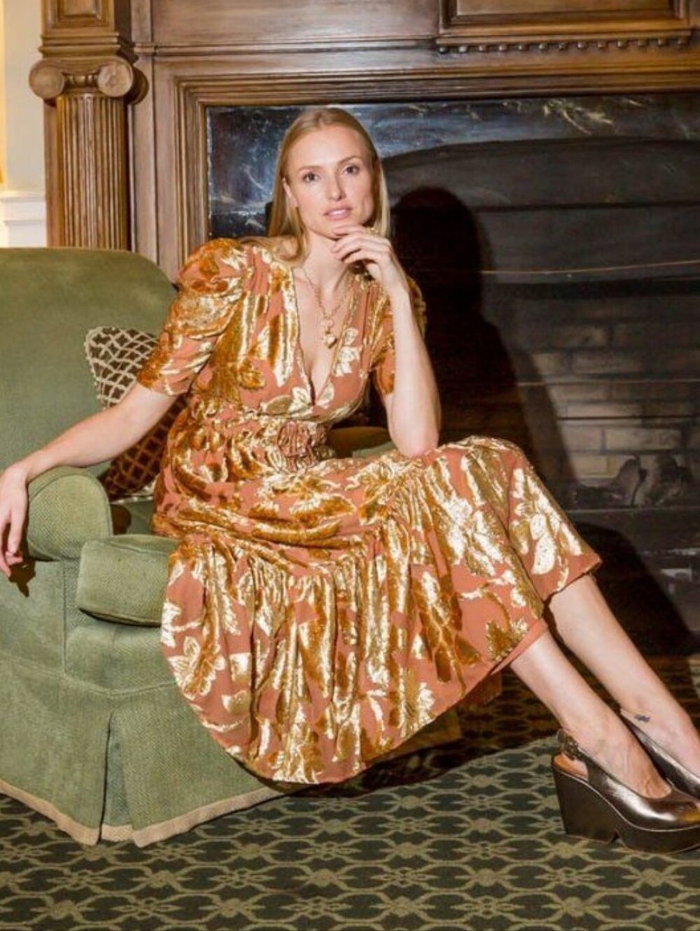 Ulla Johnson Loretta Devoré Velvet Midi Dress Rose Gold Terracotta Tiered Size 2